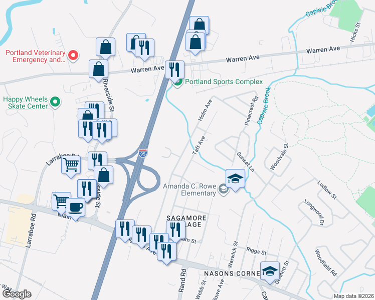 map of restaurants, bars, coffee shops, grocery stores, and more near 182 Holm Avenue in Portland