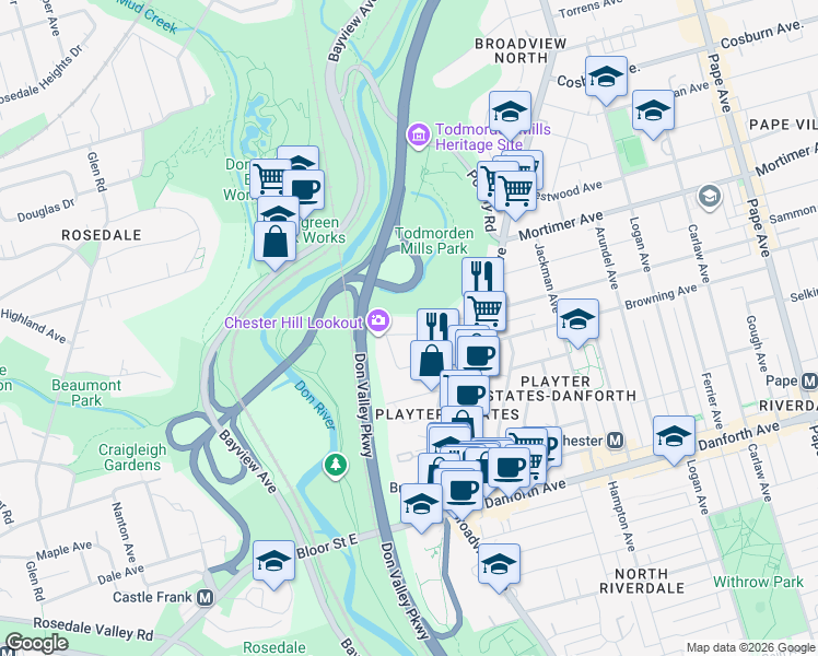 map of restaurants, bars, coffee shops, grocery stores, and more near 30 Chester Hill Road in Toronto