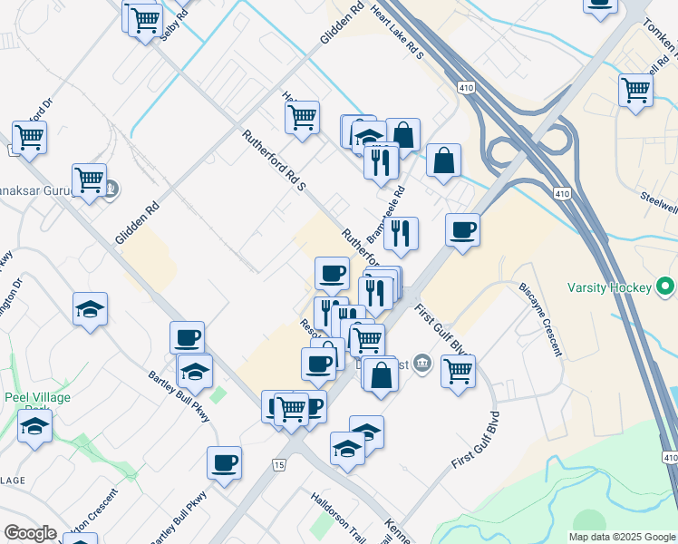 map of restaurants, bars, coffee shops, grocery stores, and more near 80 Resolution Drive in Brampton