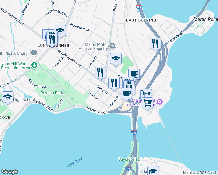 map of restaurants, bars, coffee shops, grocery stores, and more near 576 Washington Avenue in Portland