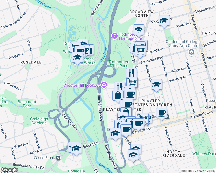 map of restaurants, bars, coffee shops, grocery stores, and more near 20 Chester Hill Road in Toronto