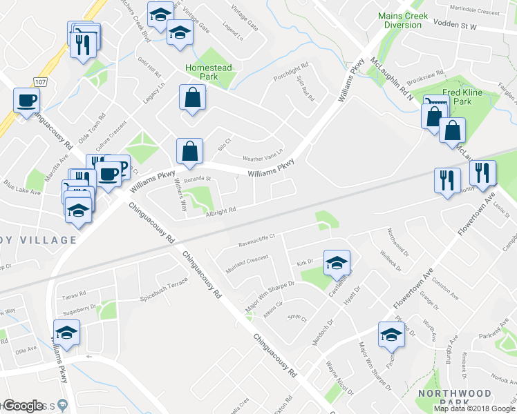 map of restaurants, bars, coffee shops, grocery stores, and more near 210 Albright Road in Brampton