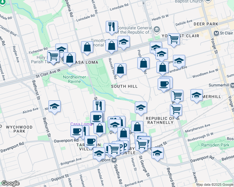 map of restaurants, bars, coffee shops, grocery stores, and more near 70 Russell Hill Road in Toronto