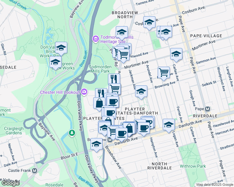 map of restaurants, bars, coffee shops, grocery stores, and more near 917 Broadview Avenue in Toronto