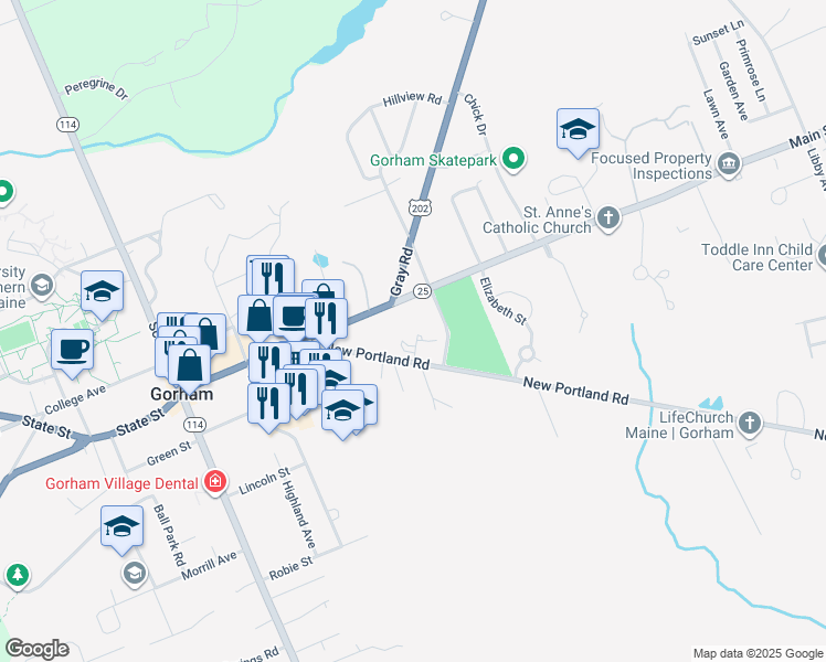 map of restaurants, bars, coffee shops, grocery stores, and more near 50 New Portland Road in Gorham