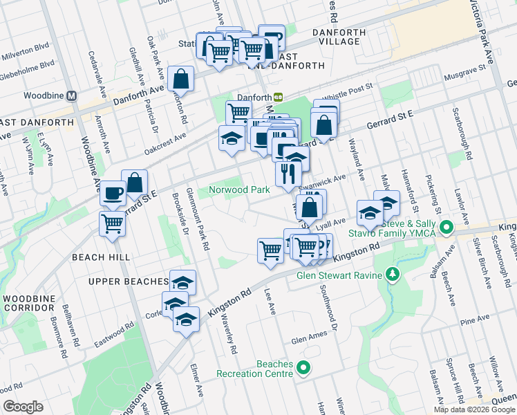 map of restaurants, bars, coffee shops, grocery stores, and more near 46 Benlamond Avenue in Toronto