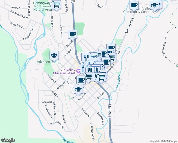 map of restaurants, bars, coffee shops, grocery stores, and more near 380 Main Street South in Ketchum