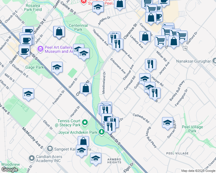 map of restaurants, bars, coffee shops, grocery stores, and more near 10 Lyndfield Crescent in Brampton
