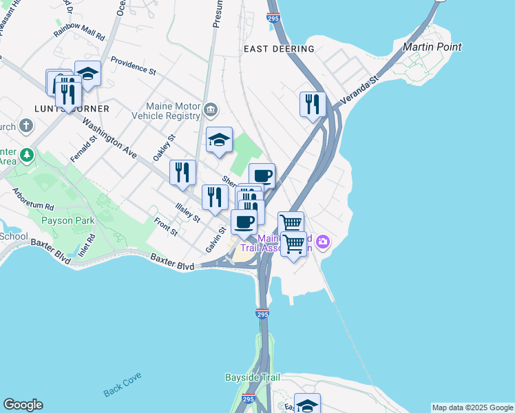 map of restaurants, bars, coffee shops, grocery stores, and more near 36 Veranda Street in Portland