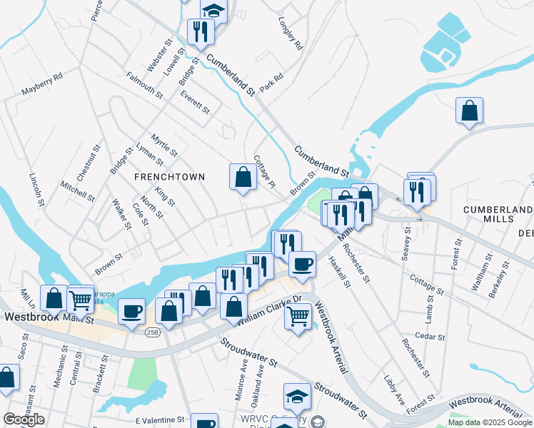 map of restaurants, bars, coffee shops, grocery stores, and more near 102 Brown Street in Westbrook