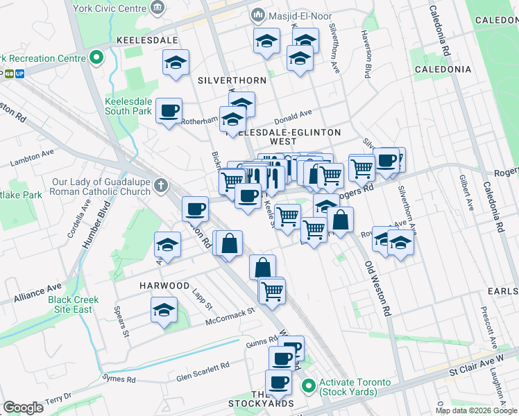 map of restaurants, bars, coffee shops, grocery stores, and more near in Toronto