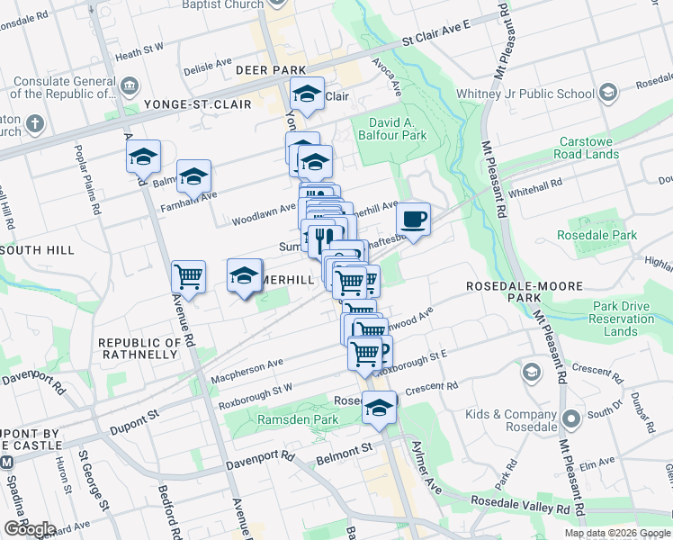 map of restaurants, bars, coffee shops, grocery stores, and more near 1196 Yonge Street in Toronto
