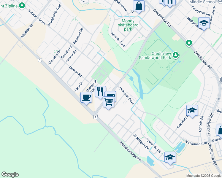 map of restaurants, bars, coffee shops, grocery stores, and more near 180 Veterans Drive in Brampton