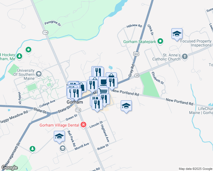map of restaurants, bars, coffee shops, grocery stores, and more near 130 Main Street in Gorham