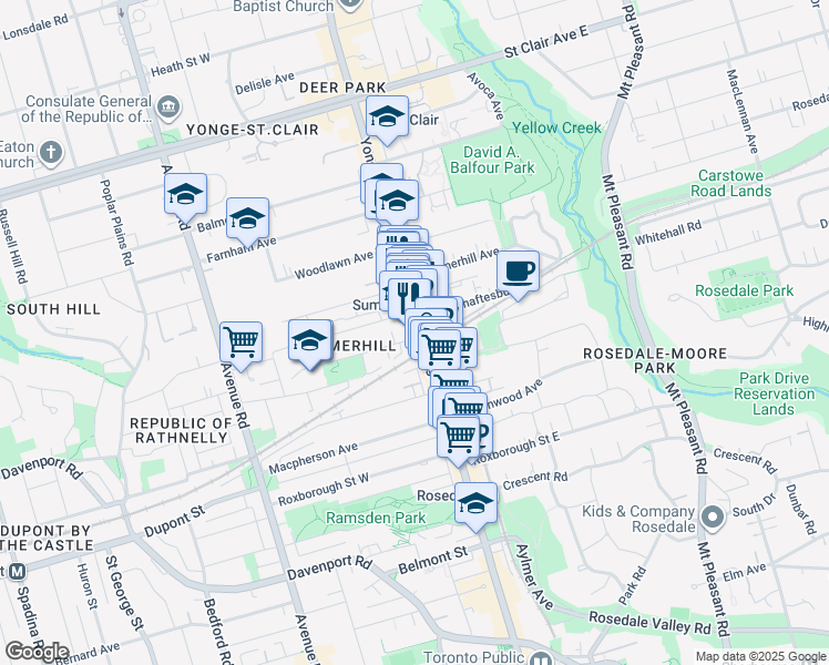 map of restaurants, bars, coffee shops, grocery stores, and more near 1196 Yonge Street in Toronto