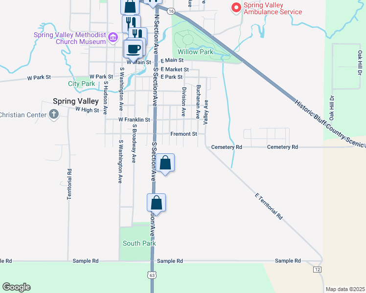 map of restaurants, bars, coffee shops, grocery stores, and more near 709 Division Avenue in Spring Valley