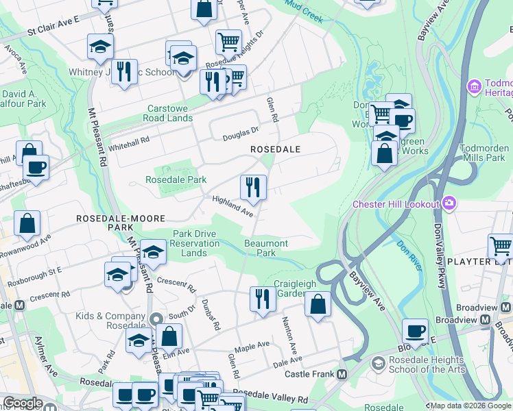 map of restaurants, bars, coffee shops, grocery stores, and more near 118 Glen Road in Toronto