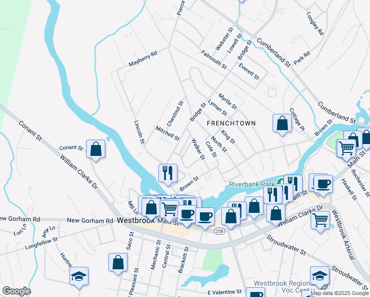 map of restaurants, bars, coffee shops, grocery stores, and more near 11 Webb Street in Westbrook