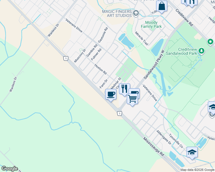 map of restaurants, bars, coffee shops, grocery stores, and more near 76 Keppel Circle in Brampton