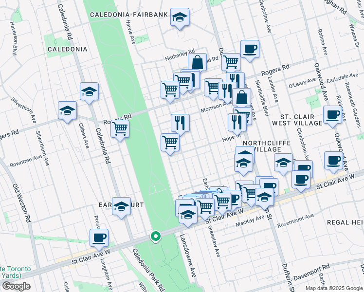 map of restaurants, bars, coffee shops, grocery stores, and more near 165 Nairn Avenue in Toronto