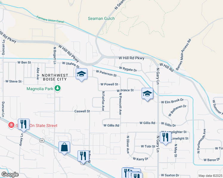 map of restaurants, bars, coffee shops, grocery stores, and more near 7924 West Prince Street in Boise