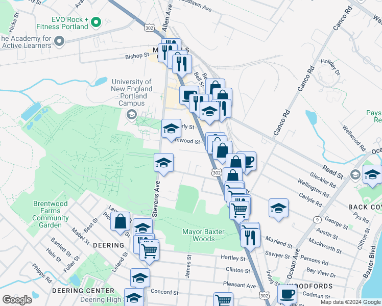 map of restaurants, bars, coffee shops, grocery stores, and more near 32 Tremaine Street in Portland