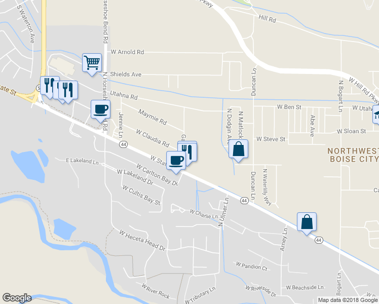 map of restaurants, bars, coffee shops, grocery stores, and more near 7246 Gardener Lane in Boise