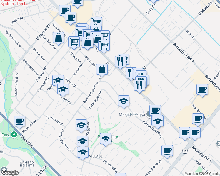 map of restaurants, bars, coffee shops, grocery stores, and more near in Brampton