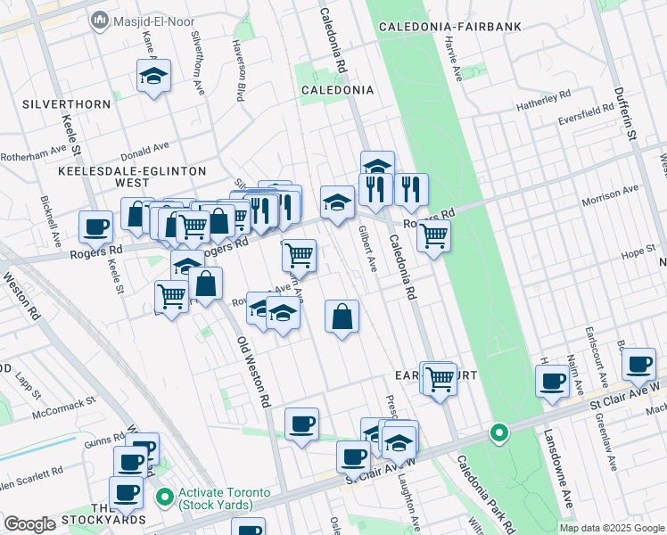 map of restaurants, bars, coffee shops, grocery stores, and more near 8 Rowntree Avenue in Toronto