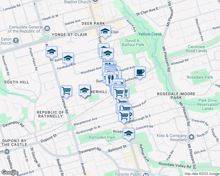 map of restaurants, bars, coffee shops, grocery stores, and more near 6 A Birch Avenue in Toronto