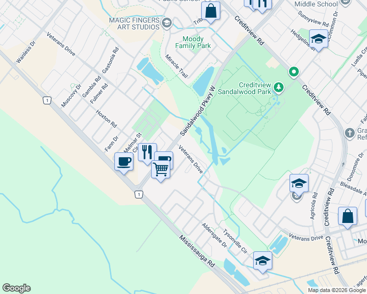 map of restaurants, bars, coffee shops, grocery stores, and more near 175 Veterans Drive in Brampton