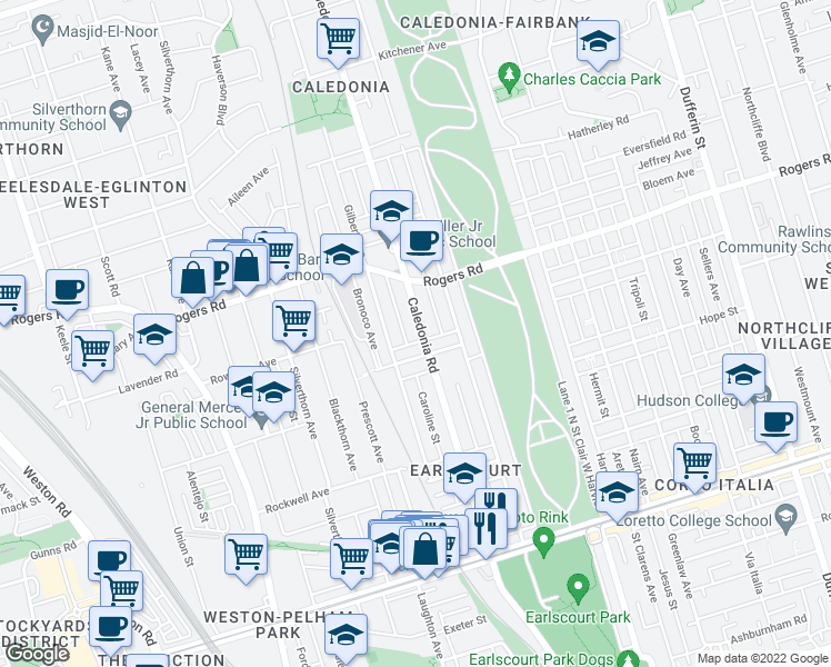 map of restaurants, bars, coffee shops, grocery stores, and more near 226 Caledonia Road in Toronto