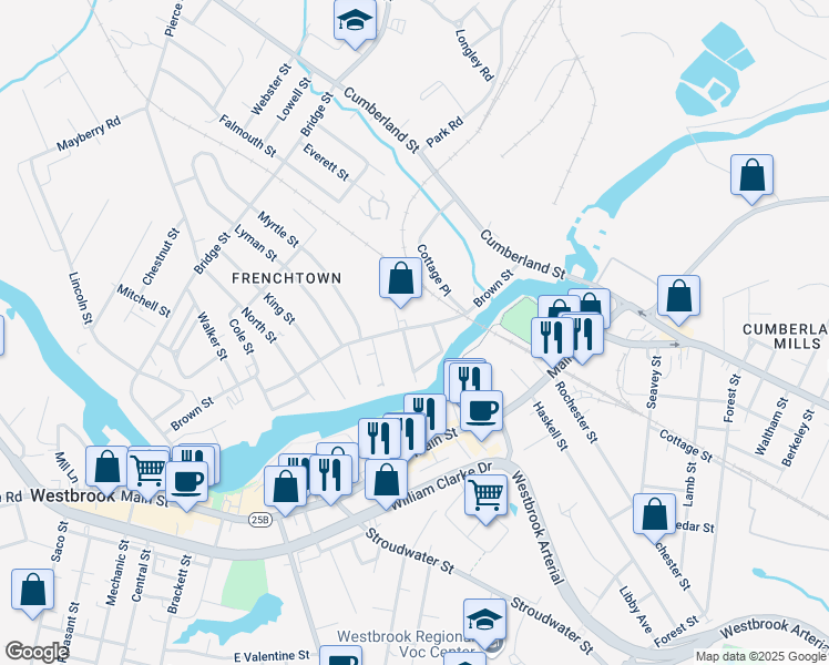 map of restaurants, bars, coffee shops, grocery stores, and more near 102 Brown Street in Westbrook