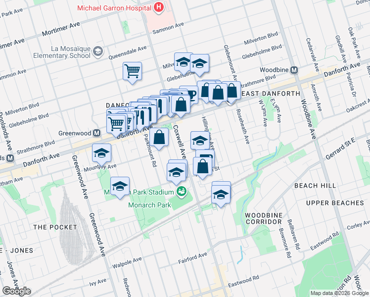 map of restaurants, bars, coffee shops, grocery stores, and more near in Toronto
