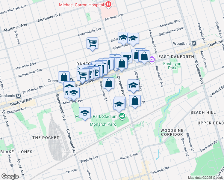 map of restaurants, bars, coffee shops, grocery stores, and more near in Toronto