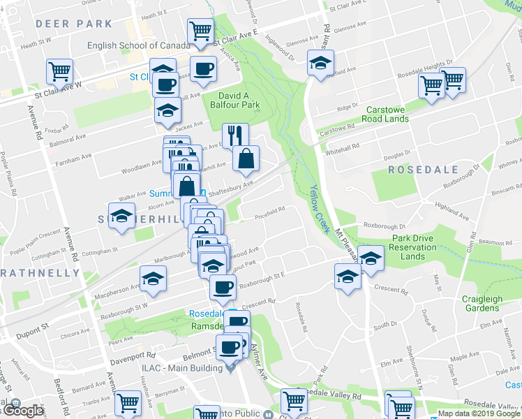 map of restaurants, bars, coffee shops, grocery stores, and more near 80 Pricefield Road in Toronto