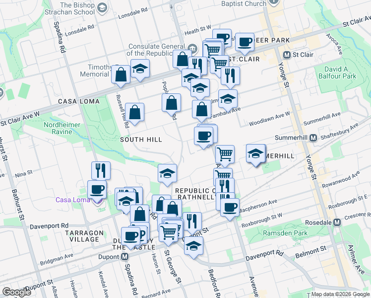 map of restaurants, bars, coffee shops, grocery stores, and more near in Toronto