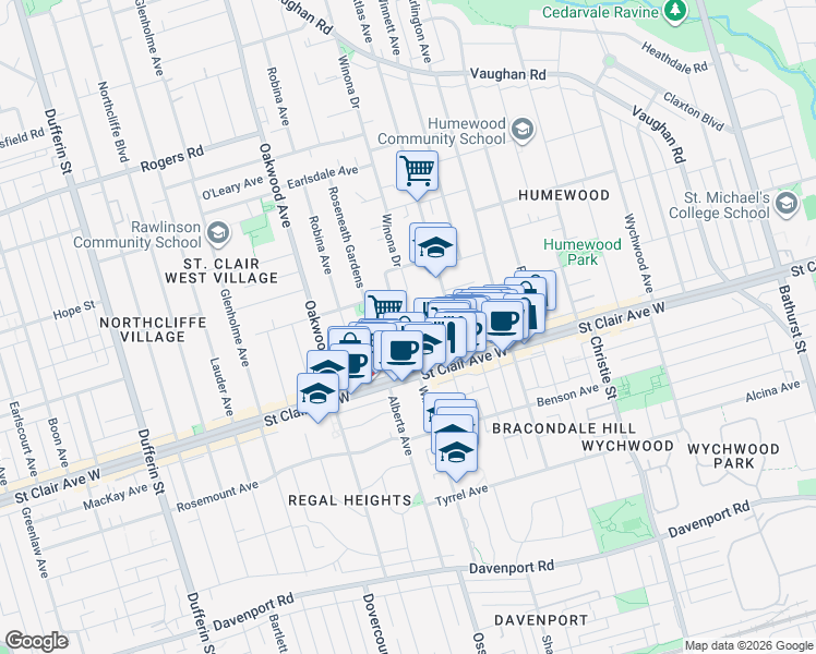 map of restaurants, bars, coffee shops, grocery stores, and more near 840 Saint Clair Avenue West in Toronto