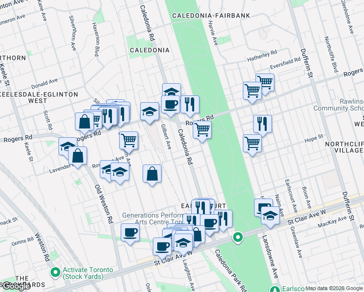 map of restaurants, bars, coffee shops, grocery stores, and more near 226 Caledonia Road in Toronto