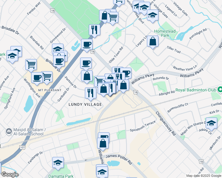 map of restaurants, bars, coffee shops, grocery stores, and more near 80 Pertosa Drive in Brampton