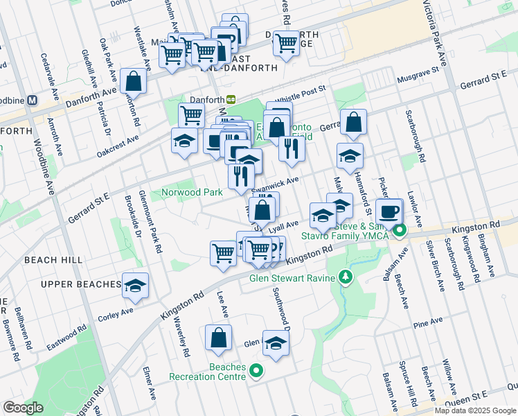 map of restaurants, bars, coffee shops, grocery stores, and more near 77 Main Street in Toronto