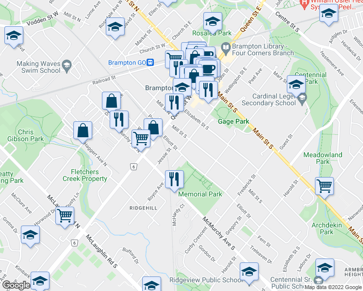 map of restaurants, bars, coffee shops, grocery stores, and more near 56 Wellington Street West in Brampton