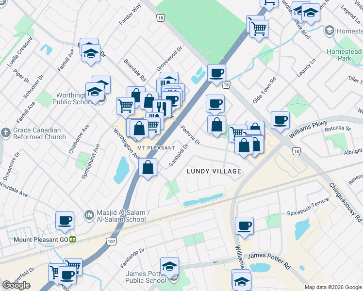 map of restaurants, bars, coffee shops, grocery stores, and more near 55 Secord Crescent in Brampton