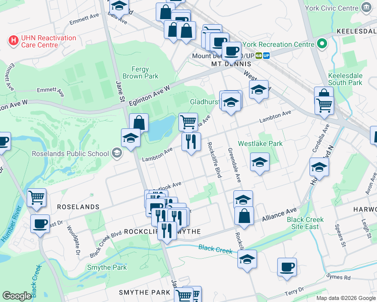 map of restaurants, bars, coffee shops, grocery stores, and more near 1 Gray Avenue in Toronto