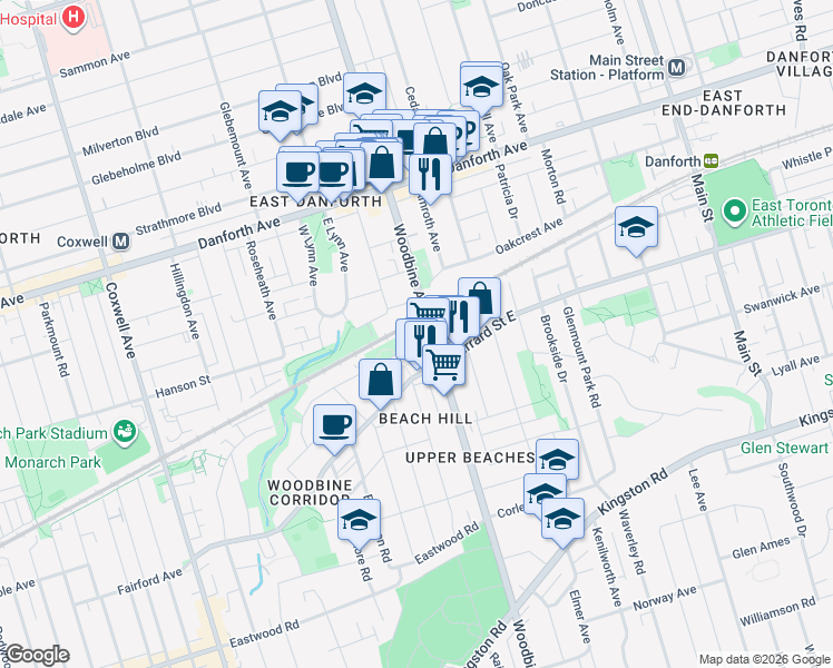 map of restaurants, bars, coffee shops, grocery stores, and more near 164 Wildwood Crescent in Toronto