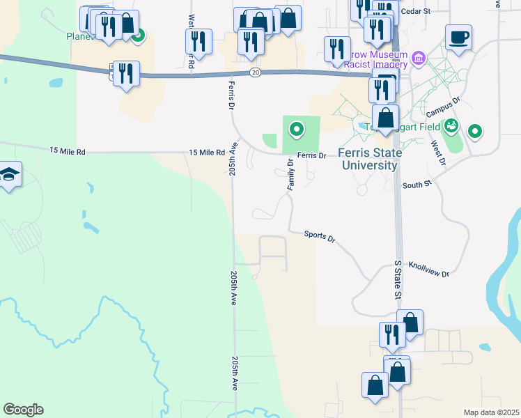 map of restaurants, bars, coffee shops, grocery stores, and more near 364 Finch Court in Big Rapids