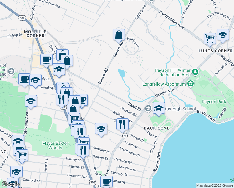 map of restaurants, bars, coffee shops, grocery stores, and more near 102 Read Street in Portland