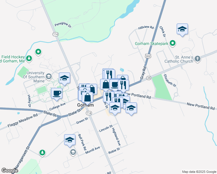 map of restaurants, bars, coffee shops, grocery stores, and more near 120 Main Street in Gorham