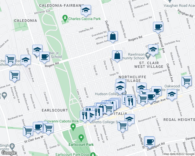 map of restaurants, bars, coffee shops, grocery stores, and more near 106 Hope Street in Toronto