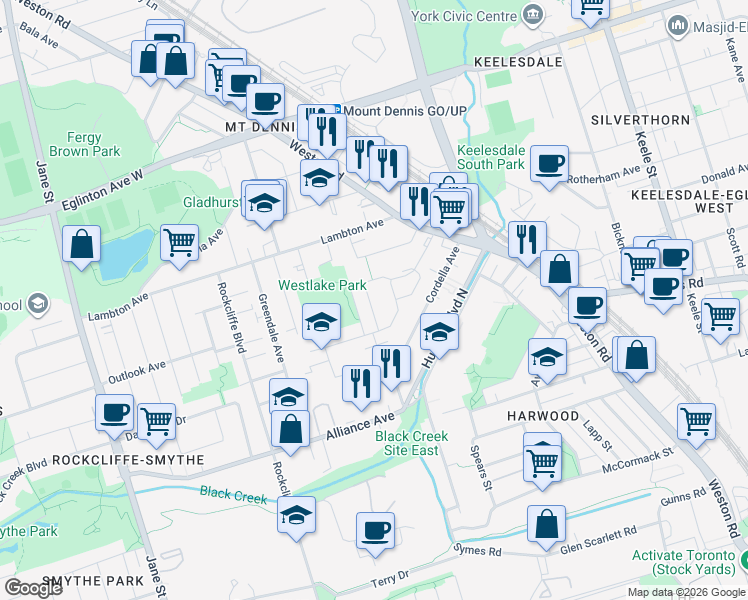 map of restaurants, bars, coffee shops, grocery stores, and more near 15 Cliff Street in Toronto